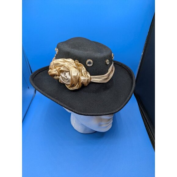 1980s Black Wool Womens Hat With Gold Band And Flower